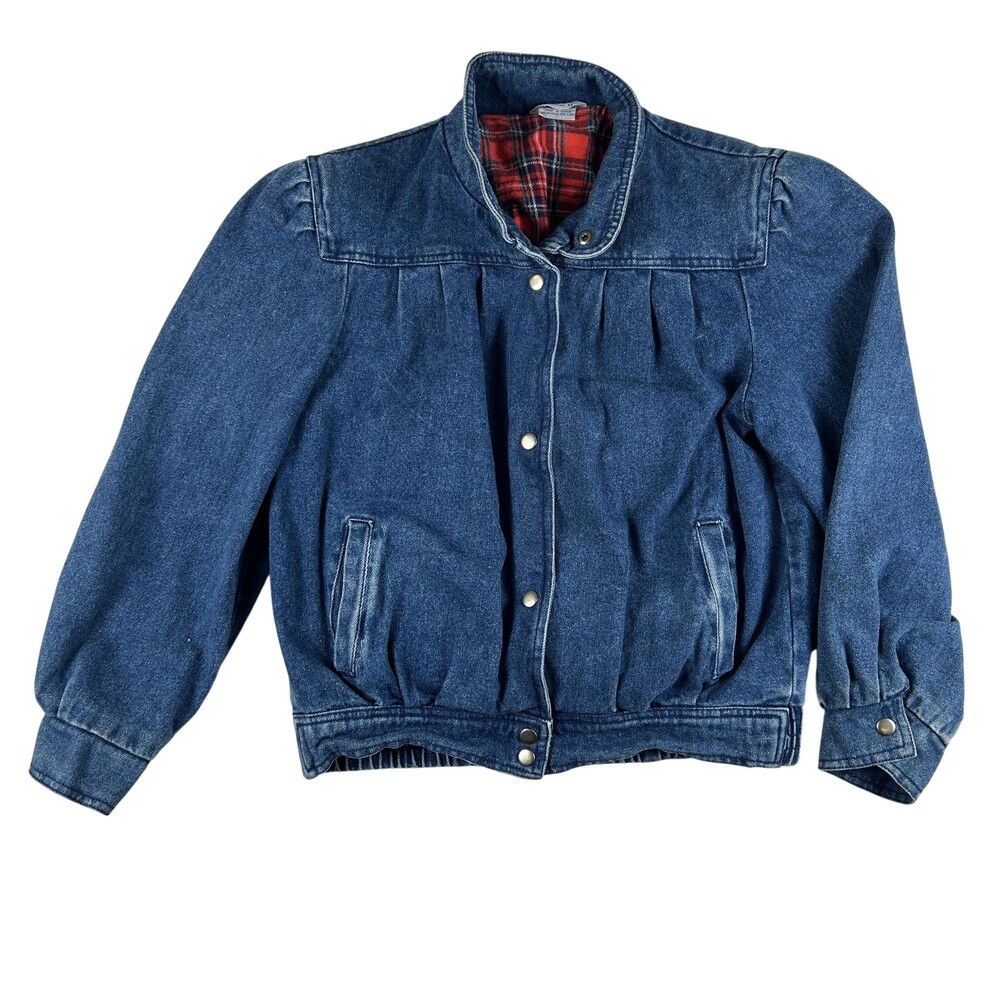 Vintage Denim Jacket Womens Medium Plaid Lined Snap Front Elastic Waist Bomber